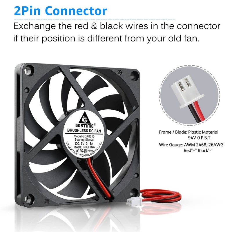 Gdstime 80mm x 80mm x 10mm DC 5V Brushless Cooling Fan 2PIN - Image 4